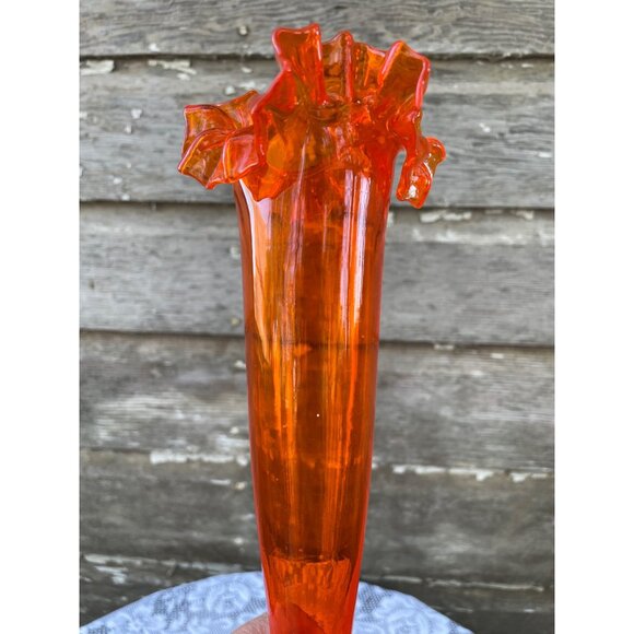 Vintage MCM Orange/Clear Ruffled Art Glass Pedestal Vase - Picture 6 of 10